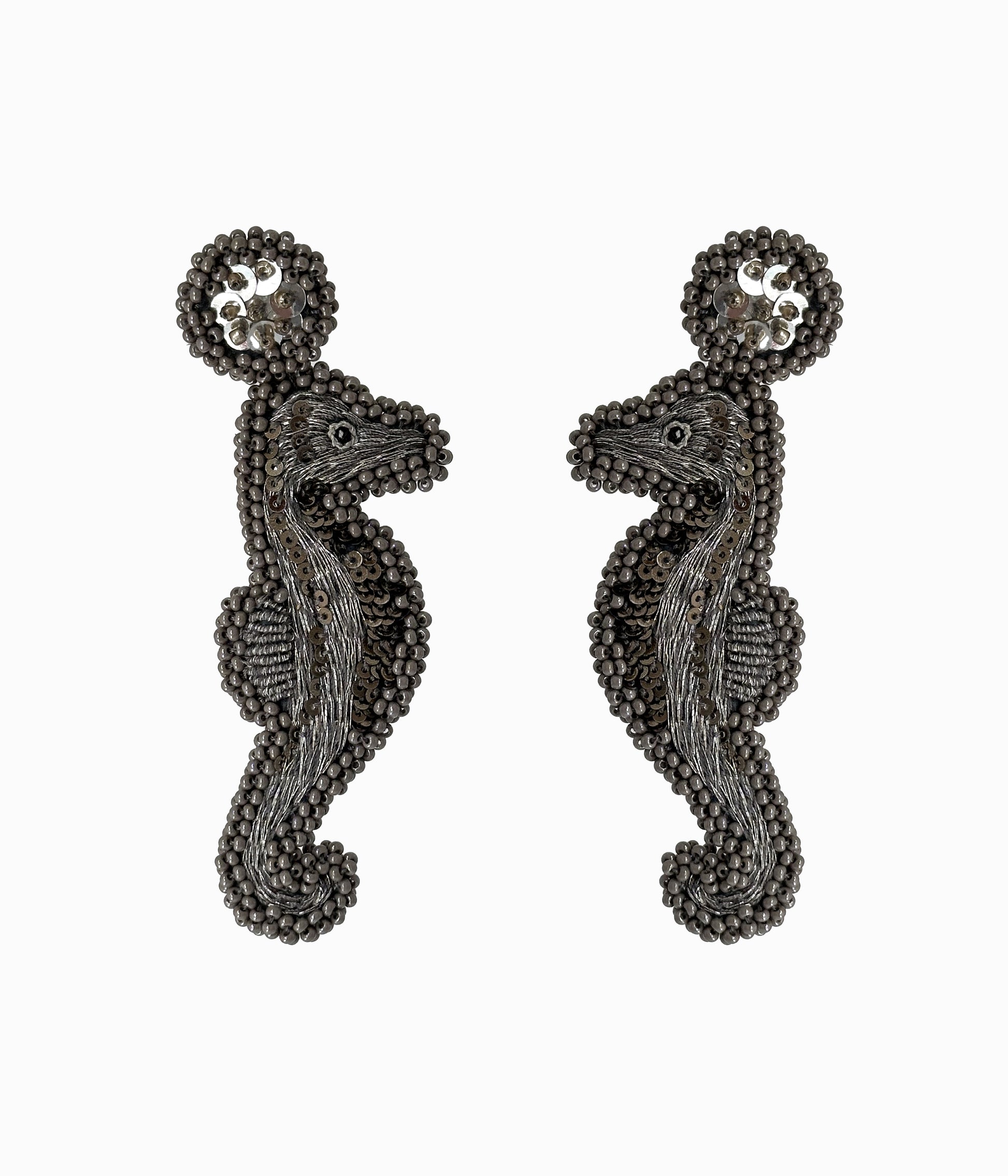 Gray Beaded Seahorse Earrings