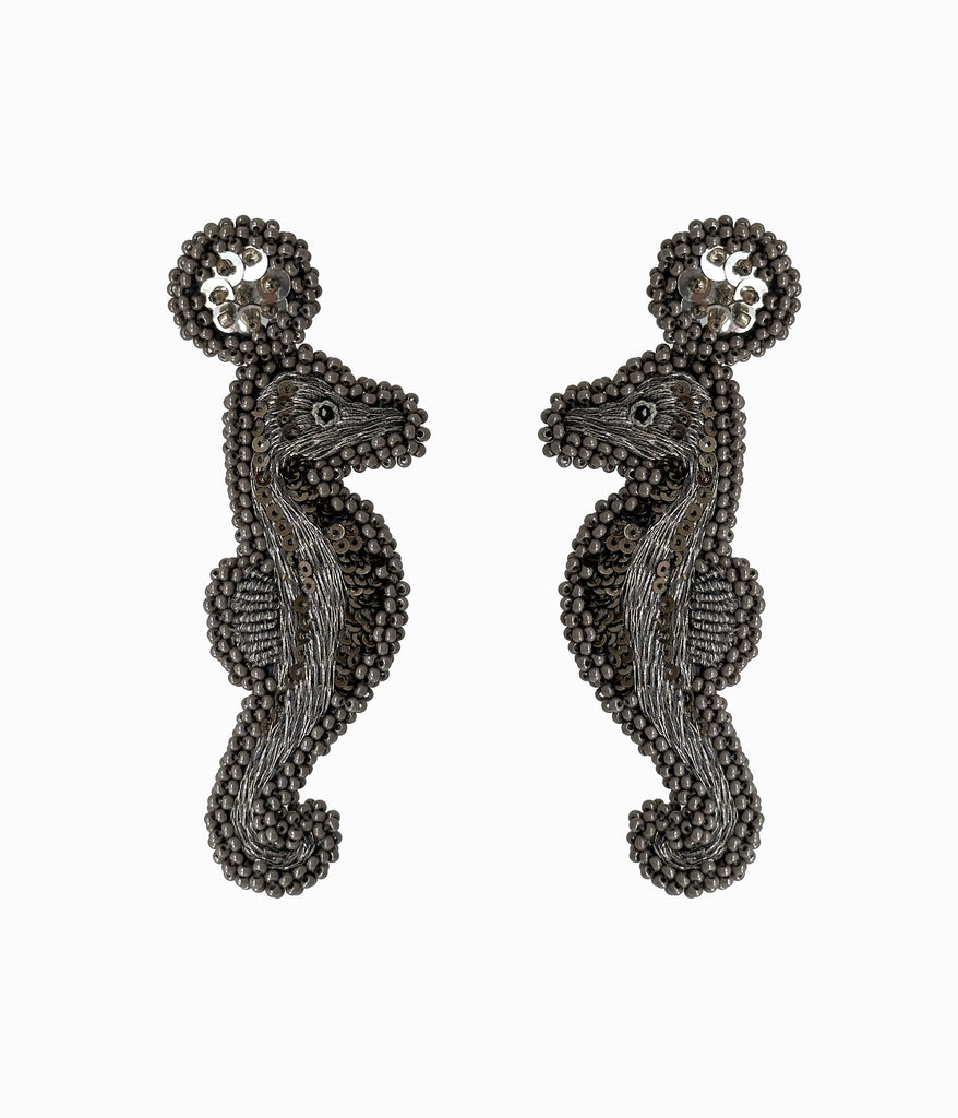 Gray Beaded Seahorse Earrings