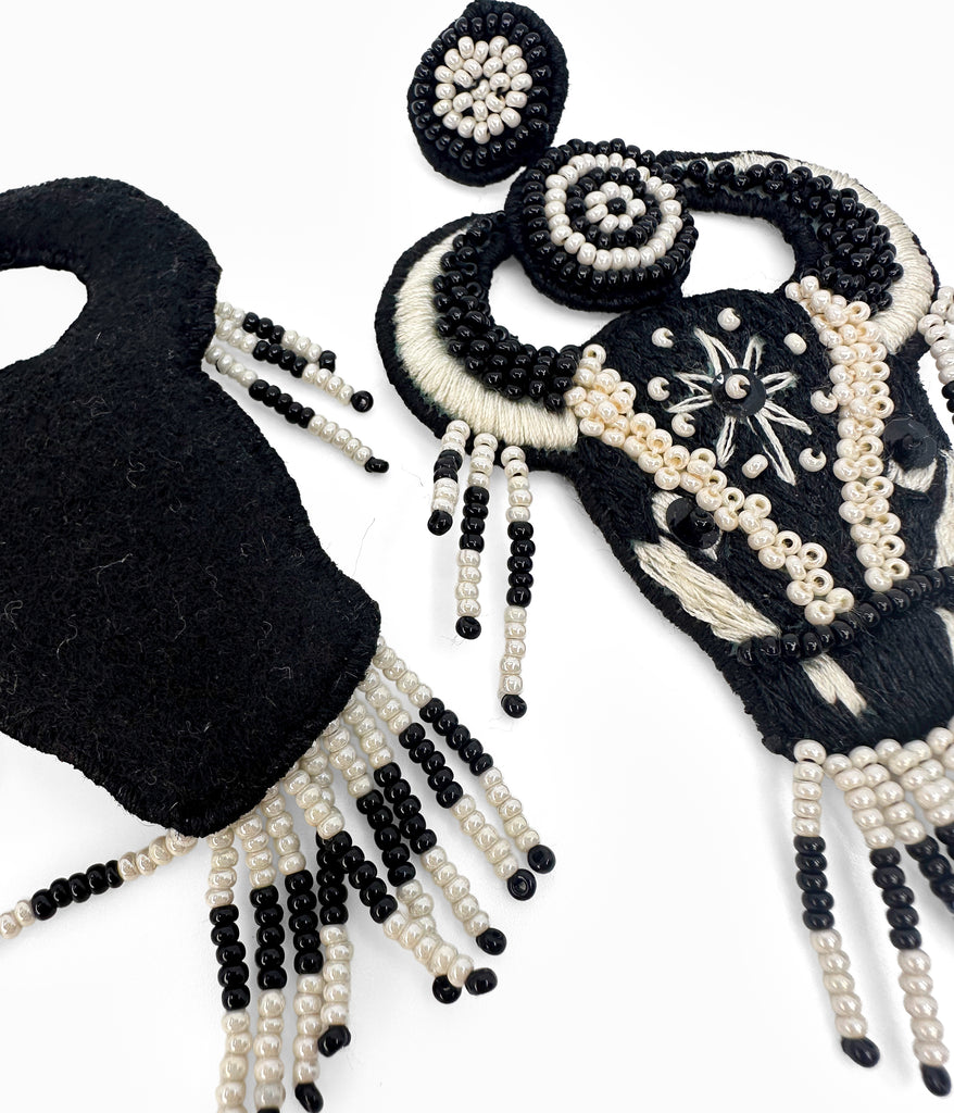 Beaded White & Black Bull Earrings