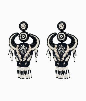 Beaded White & Black Bull Earrings