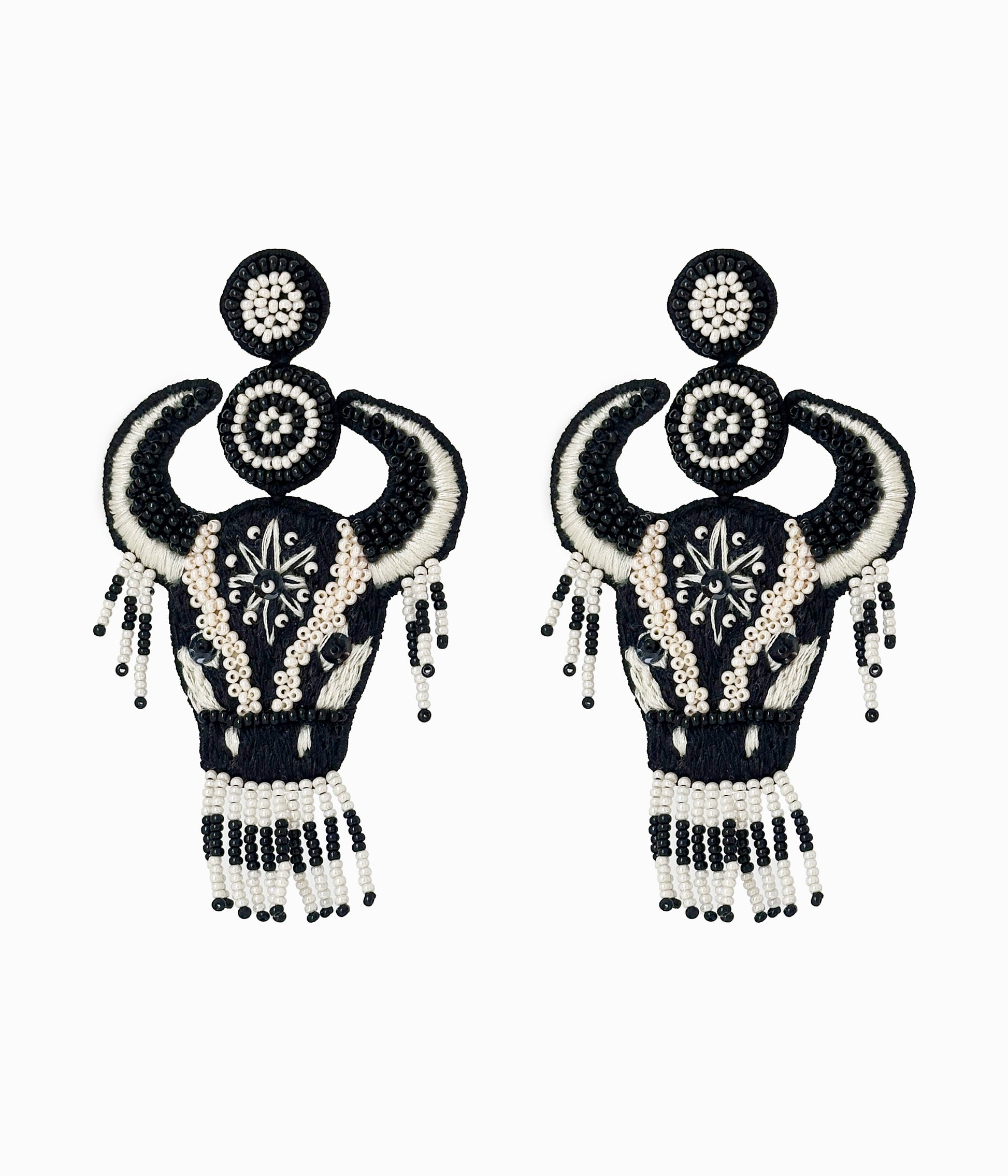 Beaded White & Black Bull Earrings