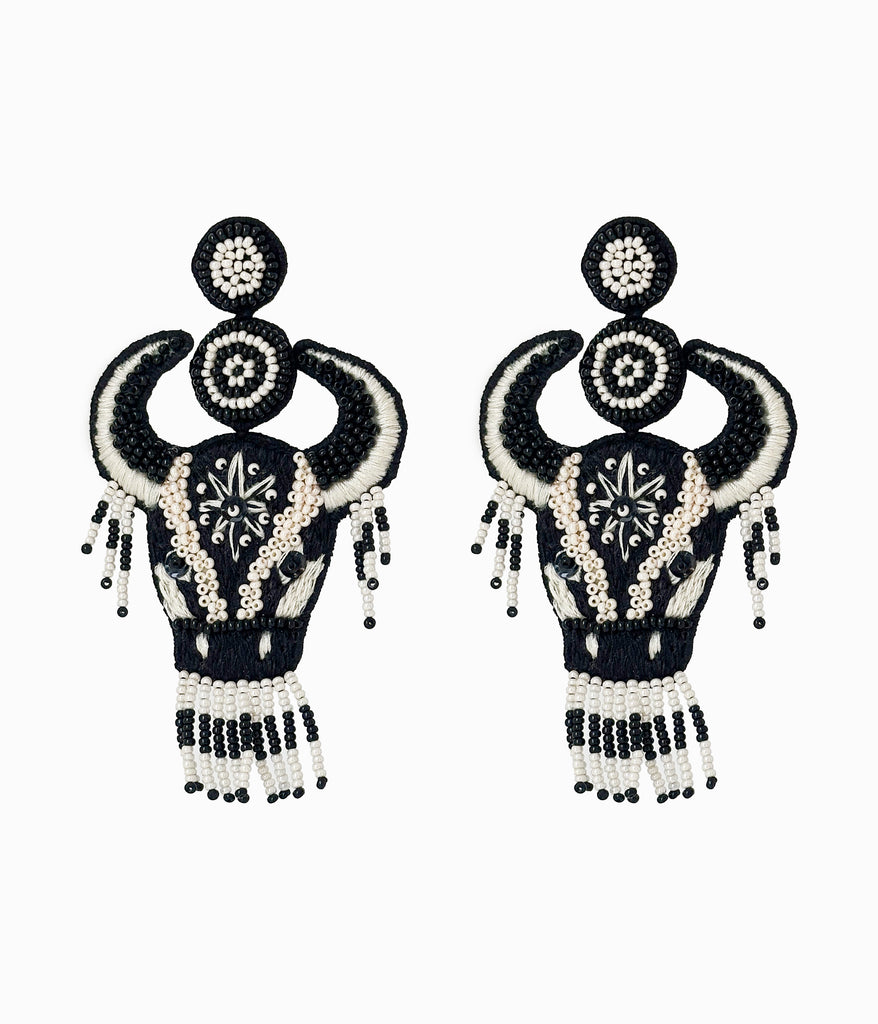 Beaded White & Black Bull Earrings