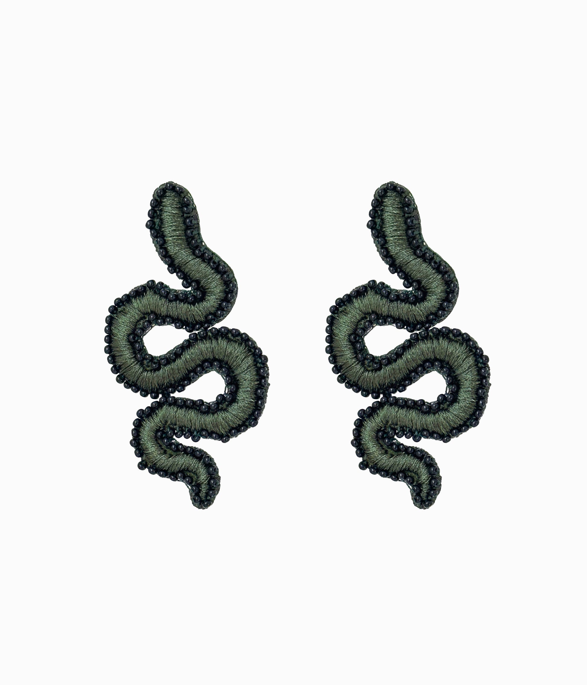 Beaded Dark Green Snake Earrings