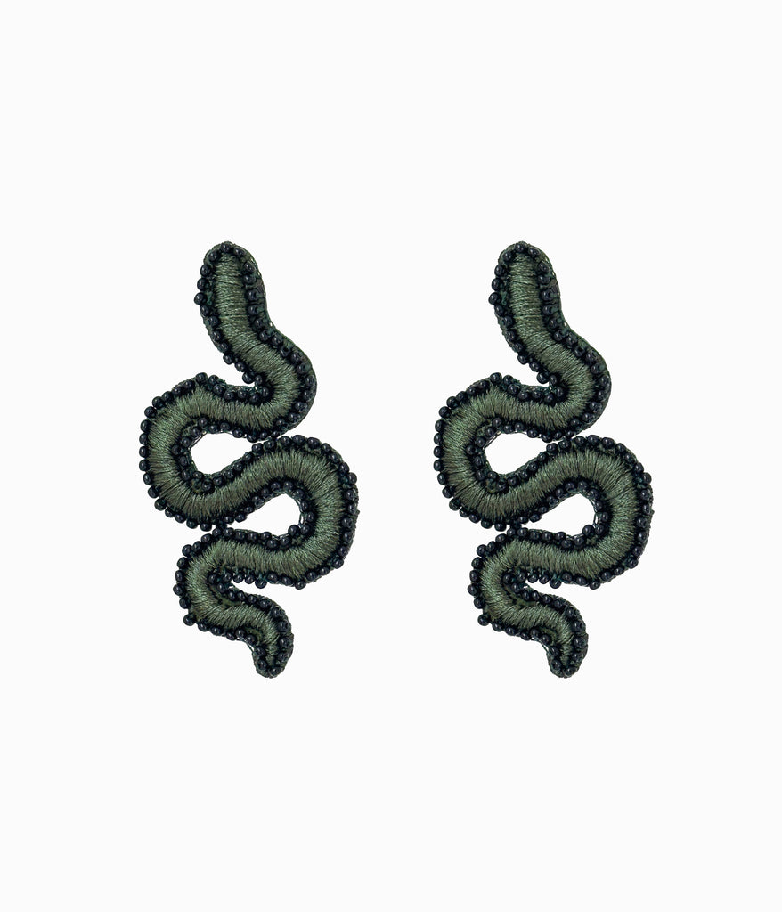Beaded Dark Green Snake Earrings