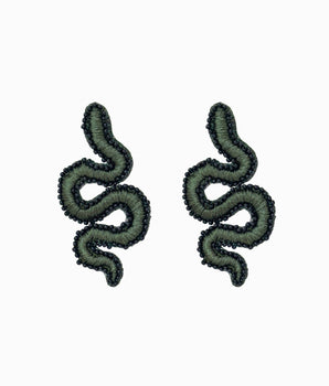 Beaded Dark Green Snake Earrings