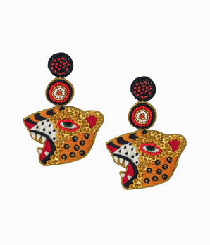 Beaded Growling Leopard Earrings