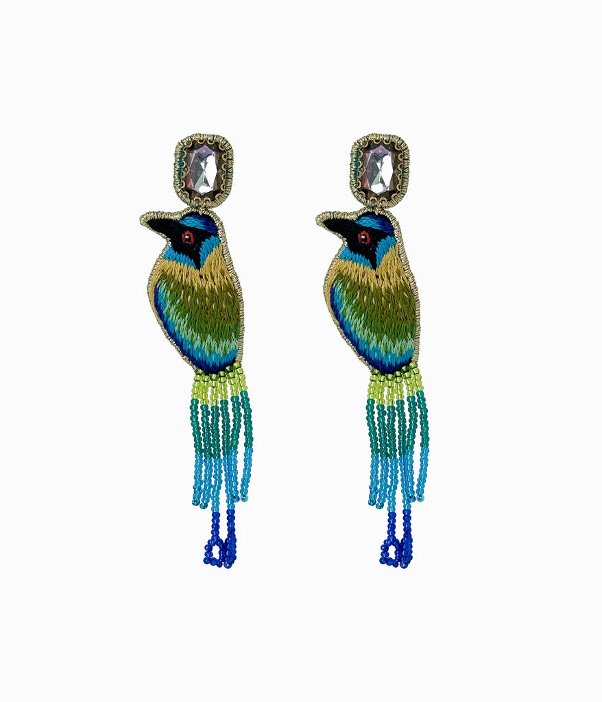 Beaded Green & Blue Jay Bird with Crystal Earrings