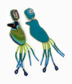 Beaded Green & Blue Jay Bird with Crystal Earrings