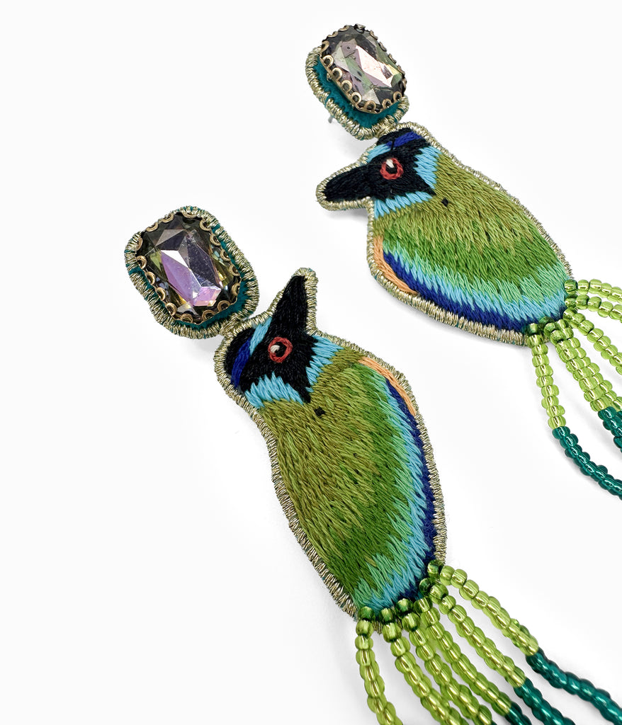 Beaded Green & Blue Jay Bird with Crystal Earrings