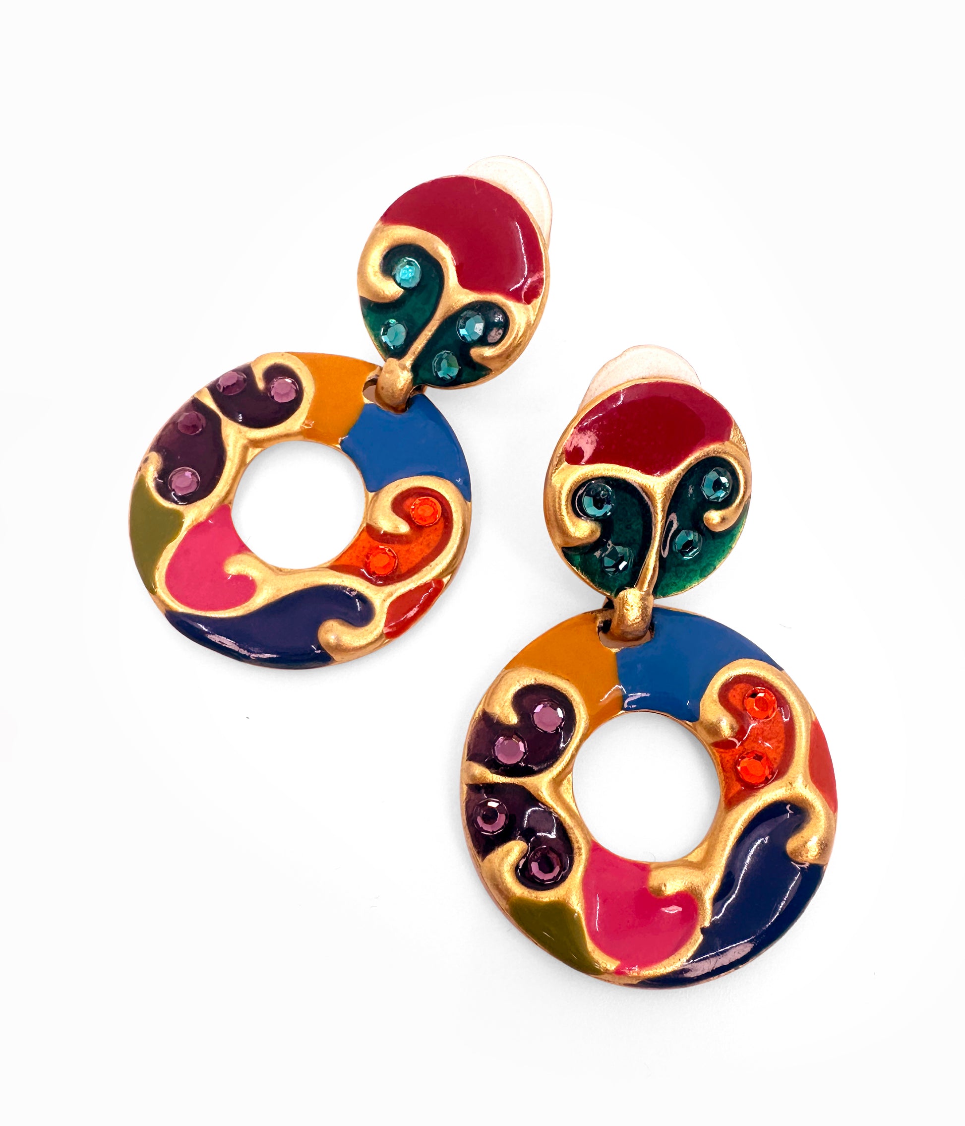 DON-LIN 1990's Multicolor Enameled Earrings With Rhinestones