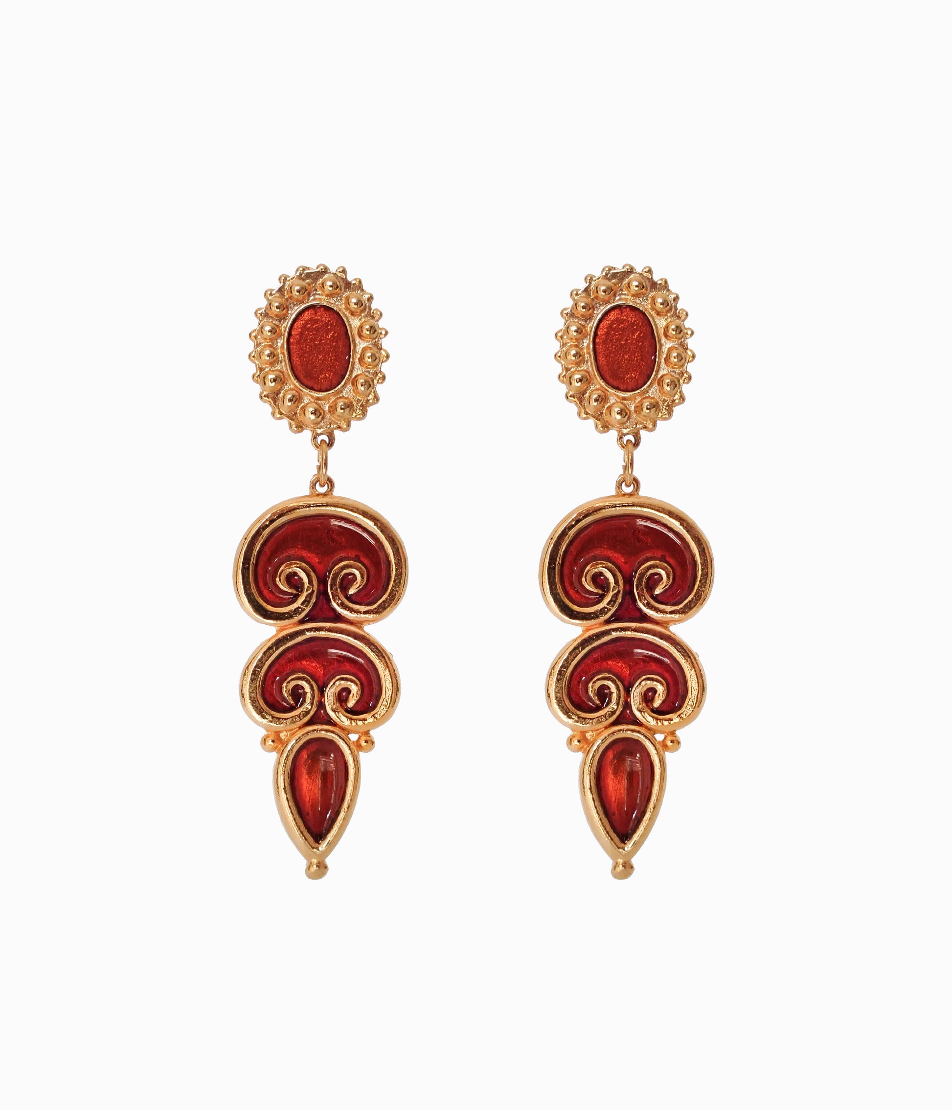 Vintage 1990's NOS Long Gold & Orange Enameled Earrings