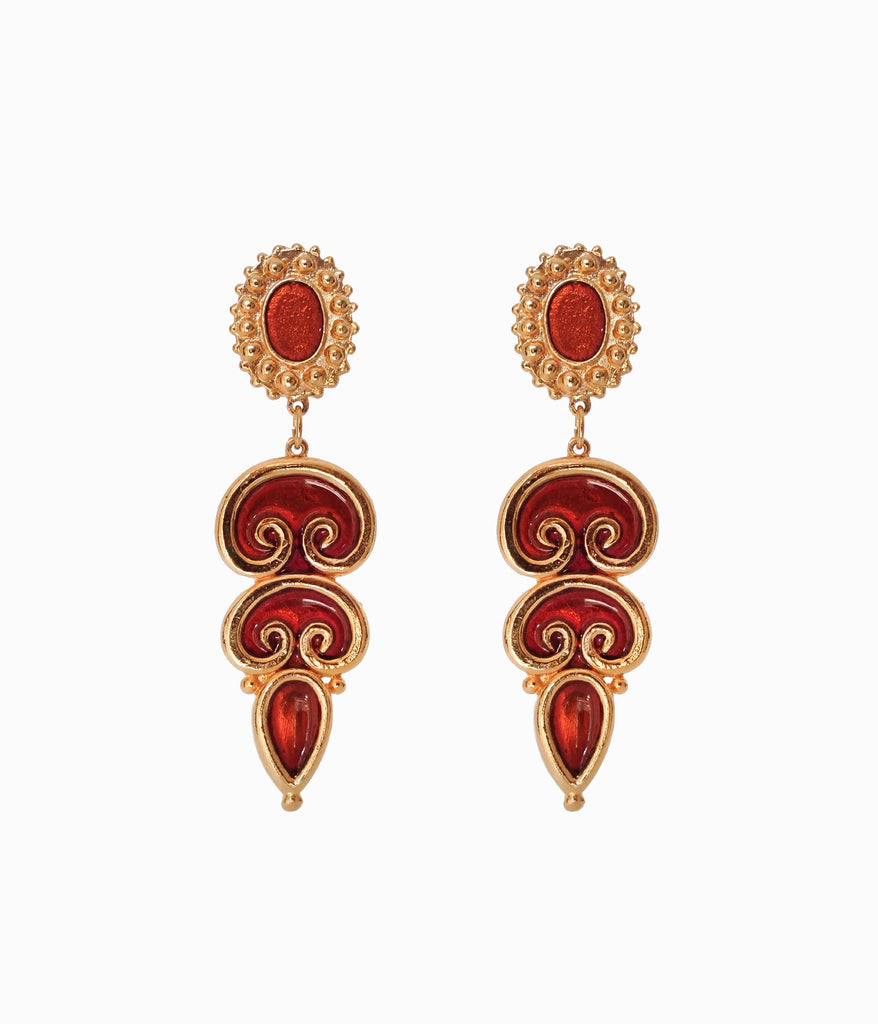 Vintage 1990's NOS Long Gold & Orange Enameled Earrings