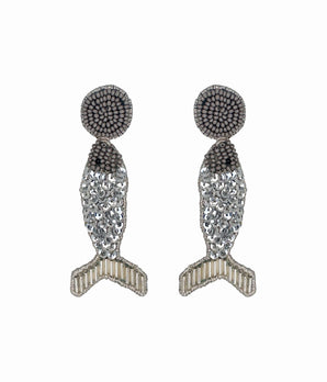 Silver Beaded Disco Fish Earrings