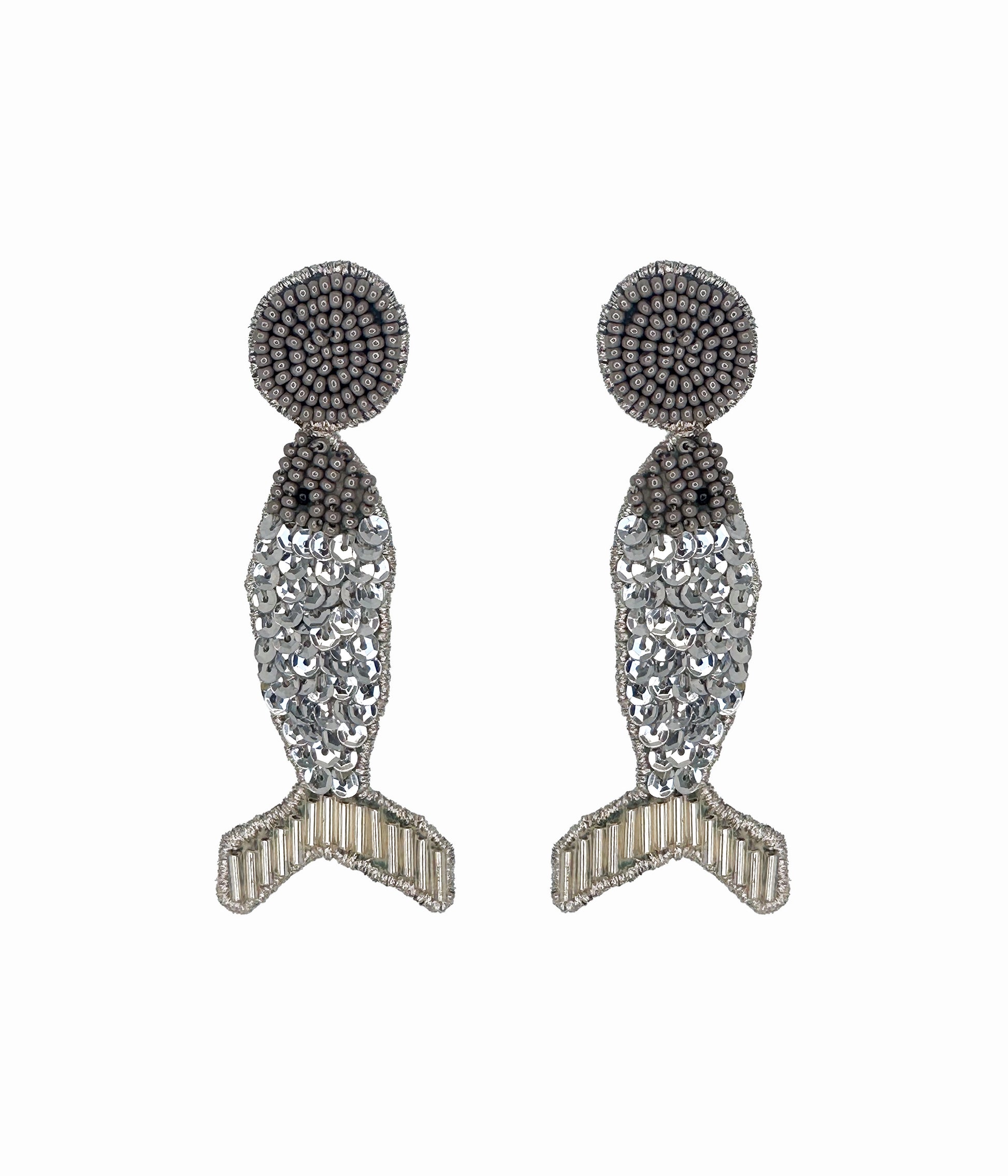 Silver Beaded Disco Fish Earrings