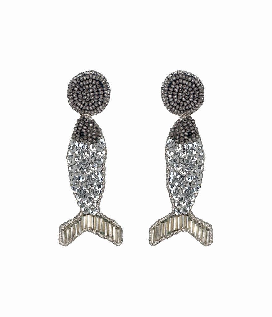 Silver Beaded Disco Fish Earrings