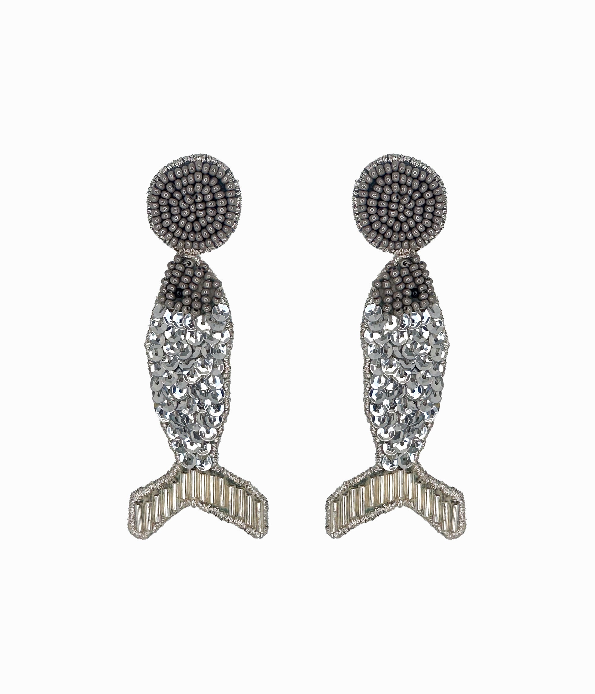 Silver Beaded Disco Fish Earrings