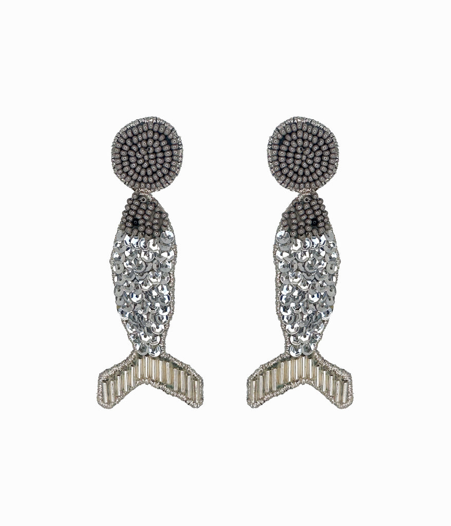 Silver Beaded Disco Fish Earrings