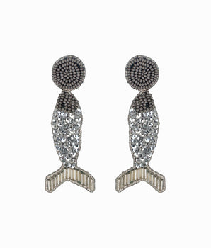 Silver Beaded Disco Fish Earrings