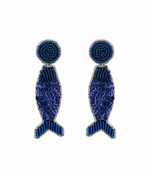 Blue Beaded Disco Fish Earrings