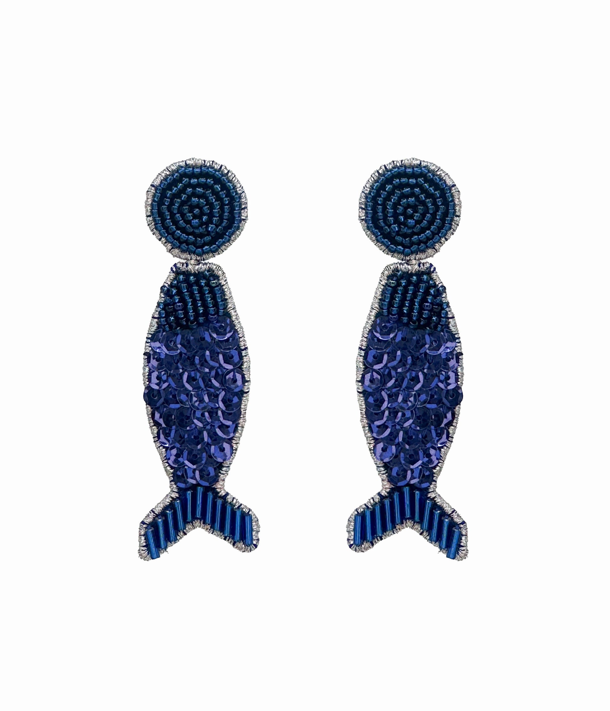 Blue Beaded Disco Fish Earrings