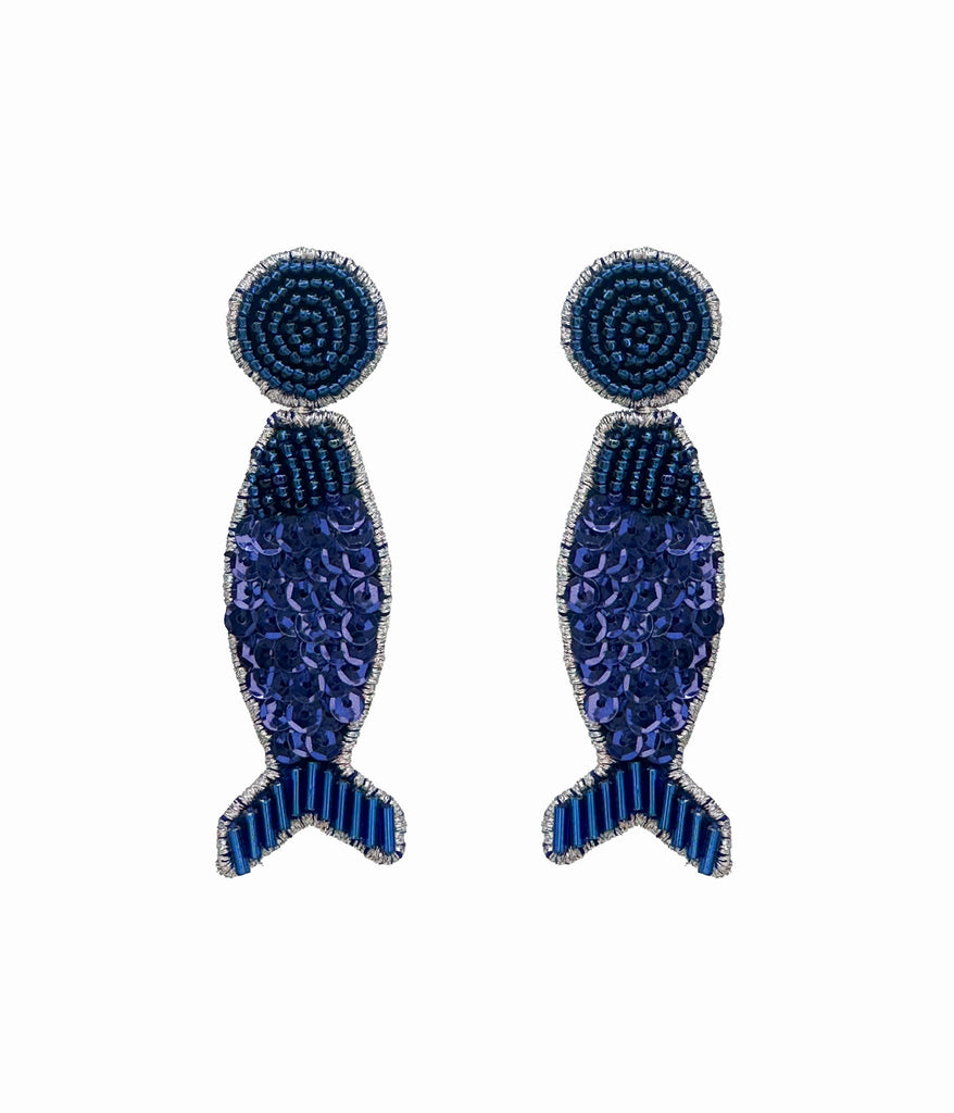 Blue Beaded Disco Fish Earrings