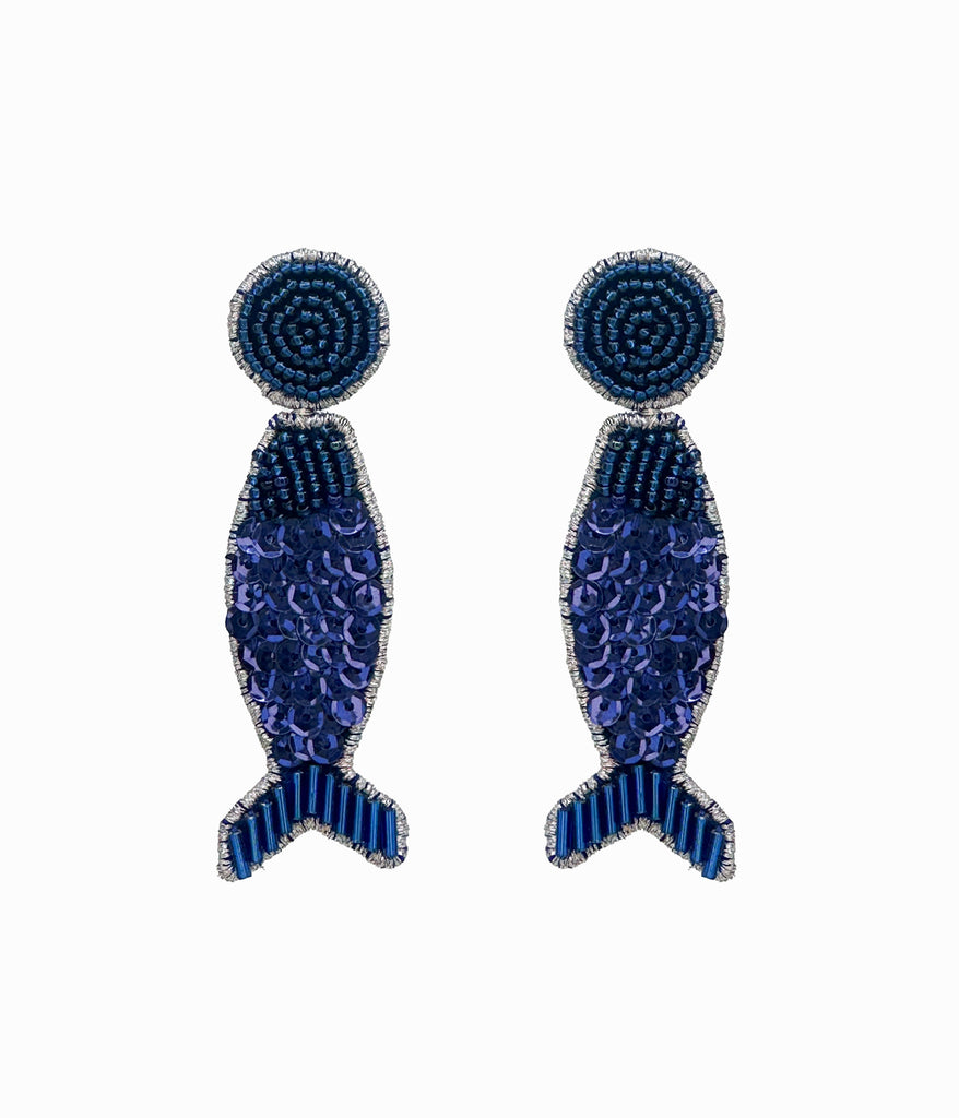 Blue Beaded Disco Fish Earrings