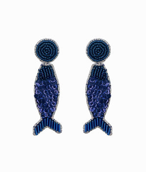 Blue Beaded Disco Fish Earrings