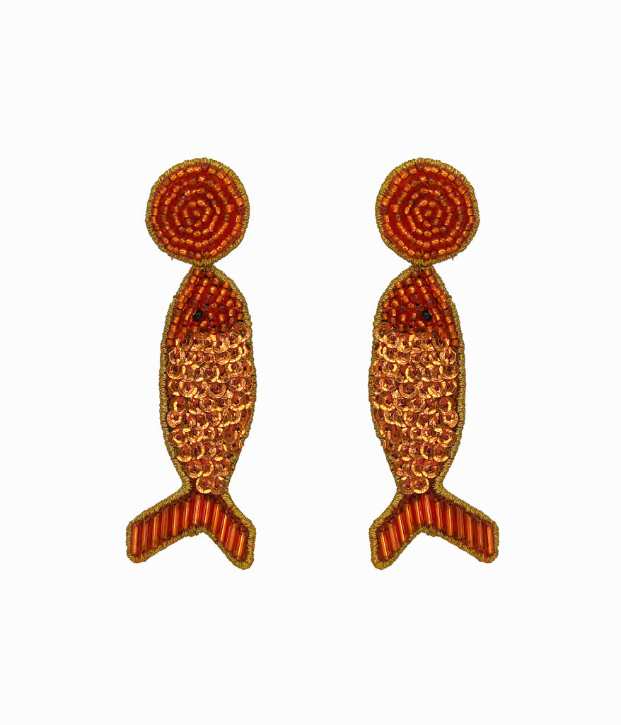 Orange Beaded Disco Fish Earrings