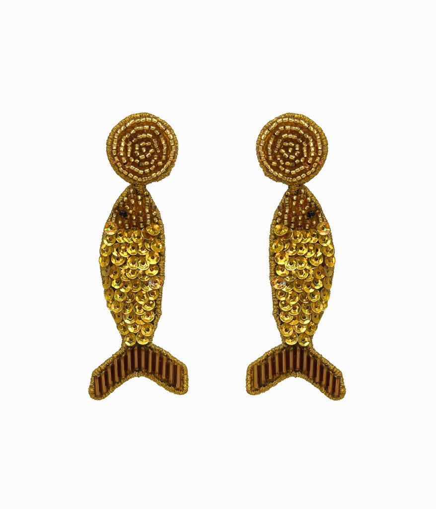 Gold Beaded Disco Fish Earrings