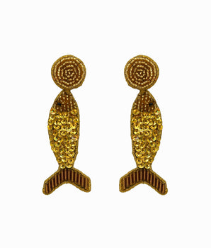Gold Beaded Disco Fish Earrings