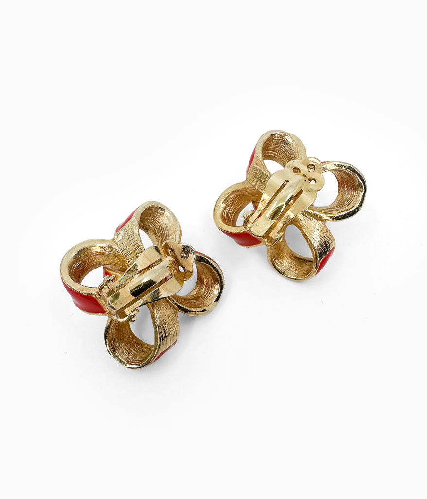 UUNALL STANNARD 1980's Vintage Button Earrings in Gold with Red Enamel