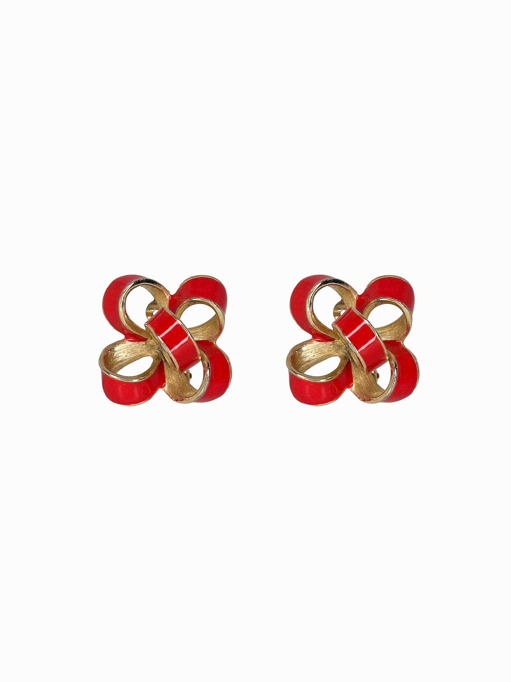 UUNALL STANNARD 1980's Vintage Button Earrings in Gold with Red Enamel