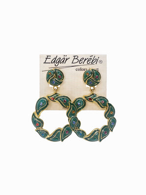 BEREBI 1990's Gold & Green Enamel and Rhinestones Earrings