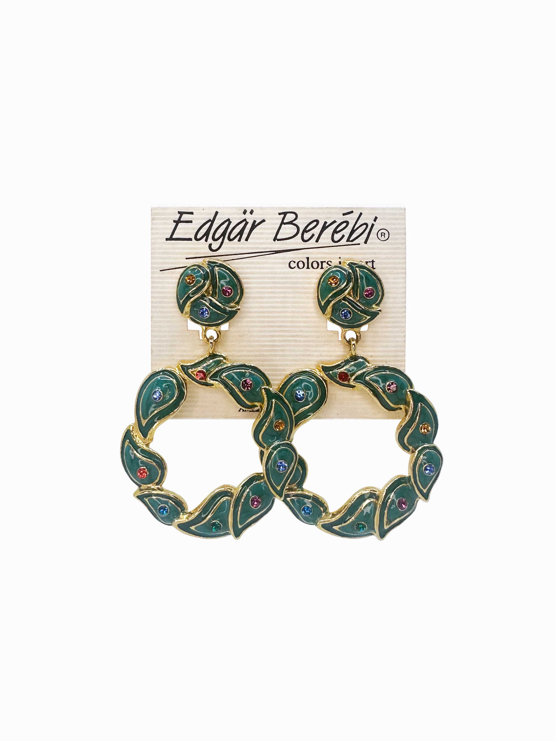 BEREBI 1990's Gold & Green Enamel and Rhinestones Earrings