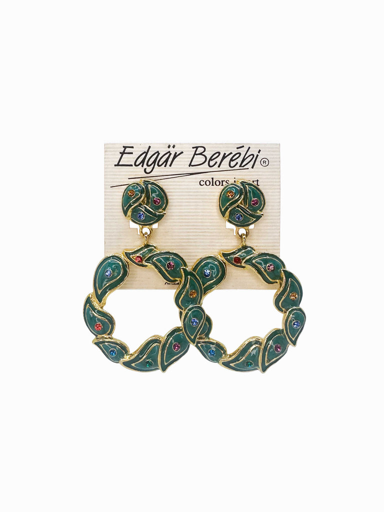 BEREBI 1990's Gold & Green Enamel and Rhinestones Earrings