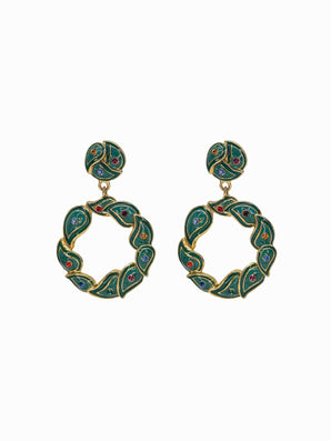 BEREBI 1990's Gold & Green Enamel and Rhinestones Earrings