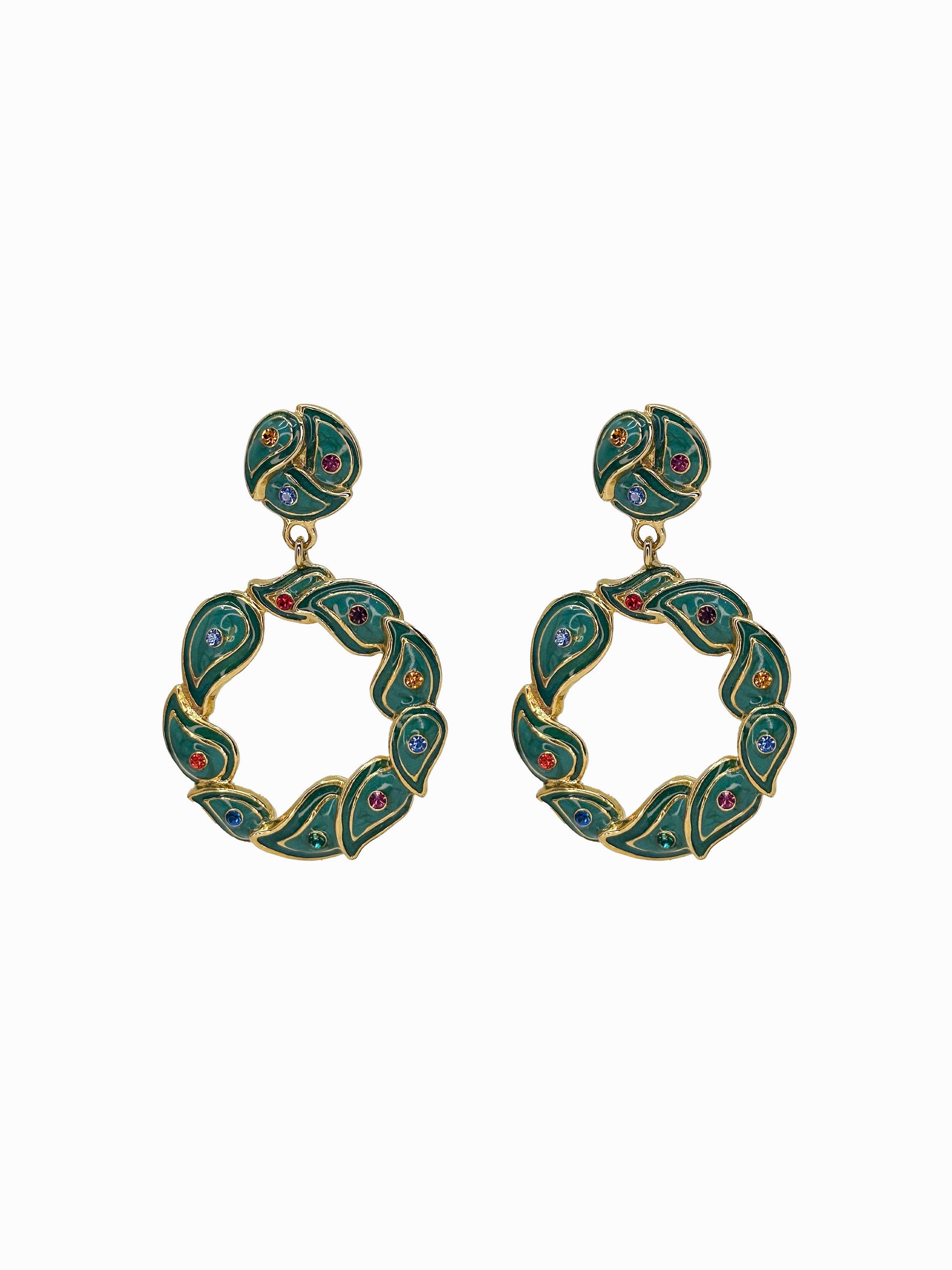 BEREBI 1990's Gold & Green Enamel and Rhinestones Earrings