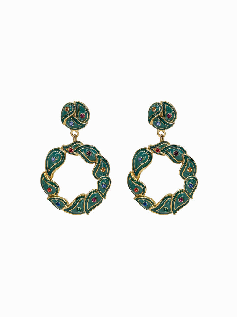 BEREBI 1990's Gold & Green Enamel and Rhinestones Earrings