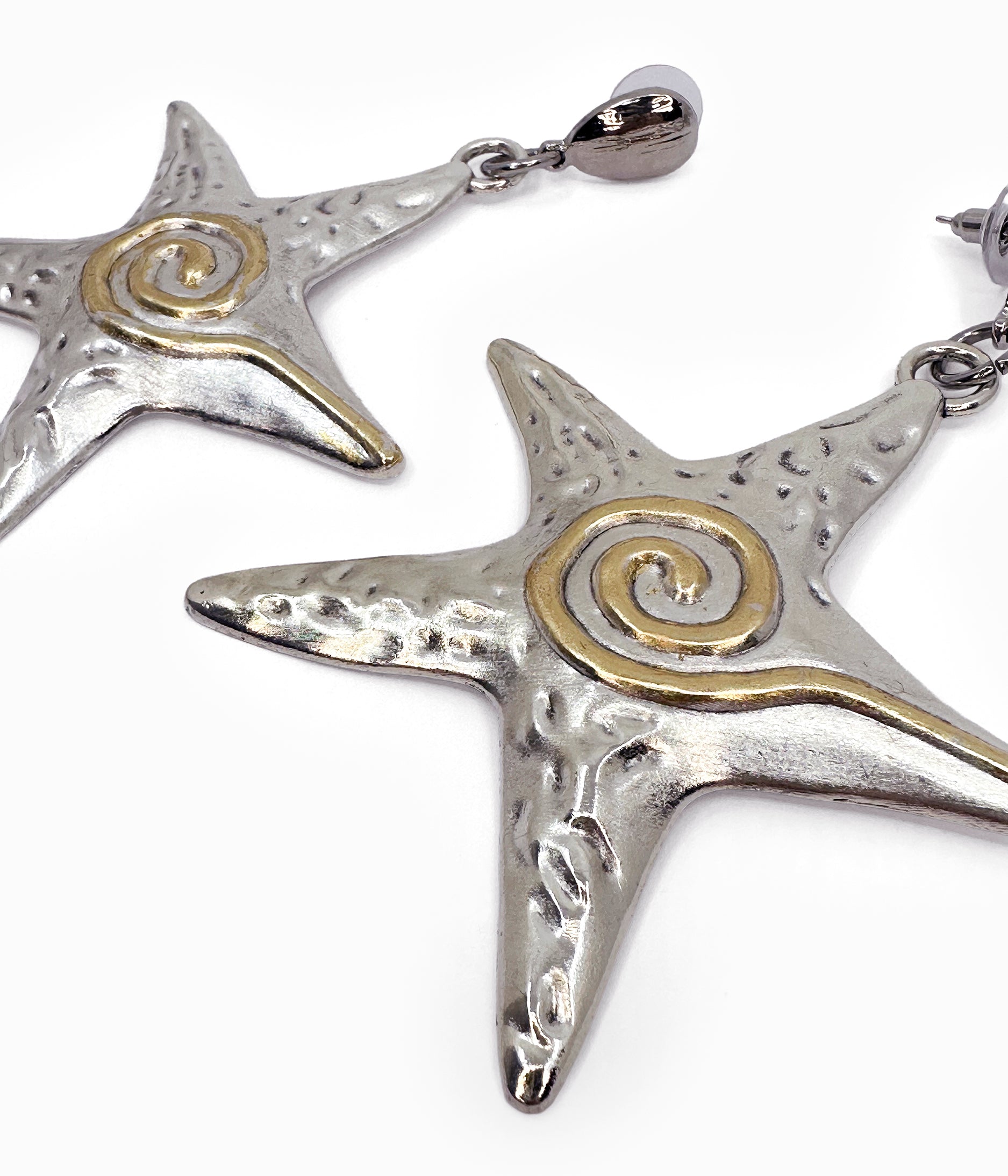 80s Hammered Silver Tone Starfish Earrings