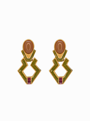 ROBIN 1980's Gold with Olive Green Enamel, Orange Cabochon & Pink Rhinestones Earrings