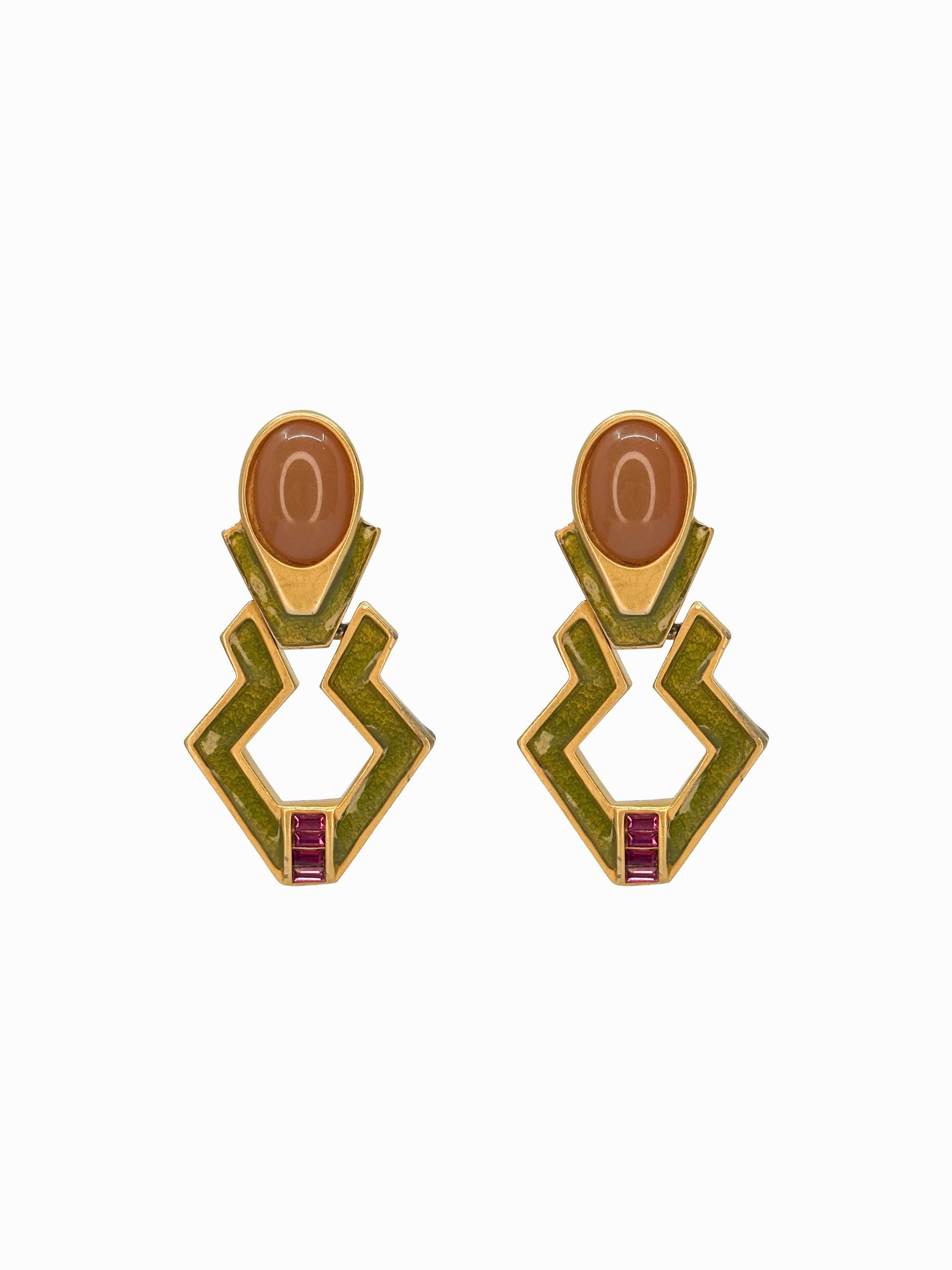ROBIN 1980's Gold with Olive Green Enamel, Orange Cabochon & Pink Rhinestones Earrings