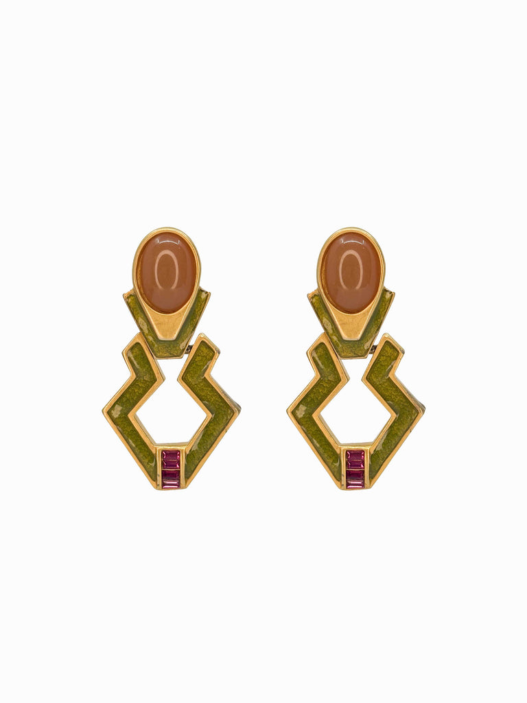 ROBIN 1980's Gold with Olive Green Enamel, Orange Cabochon & Pink Rhinestones Earrings
