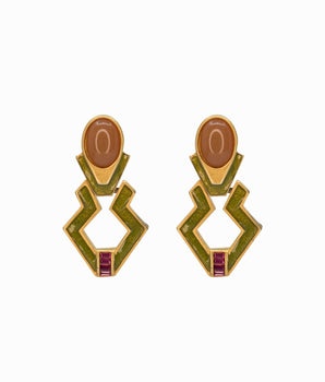 ROBIN 1980's Gold with Olive Green Enamel, Orange Cabochon & Pink Rhinestones Earrings