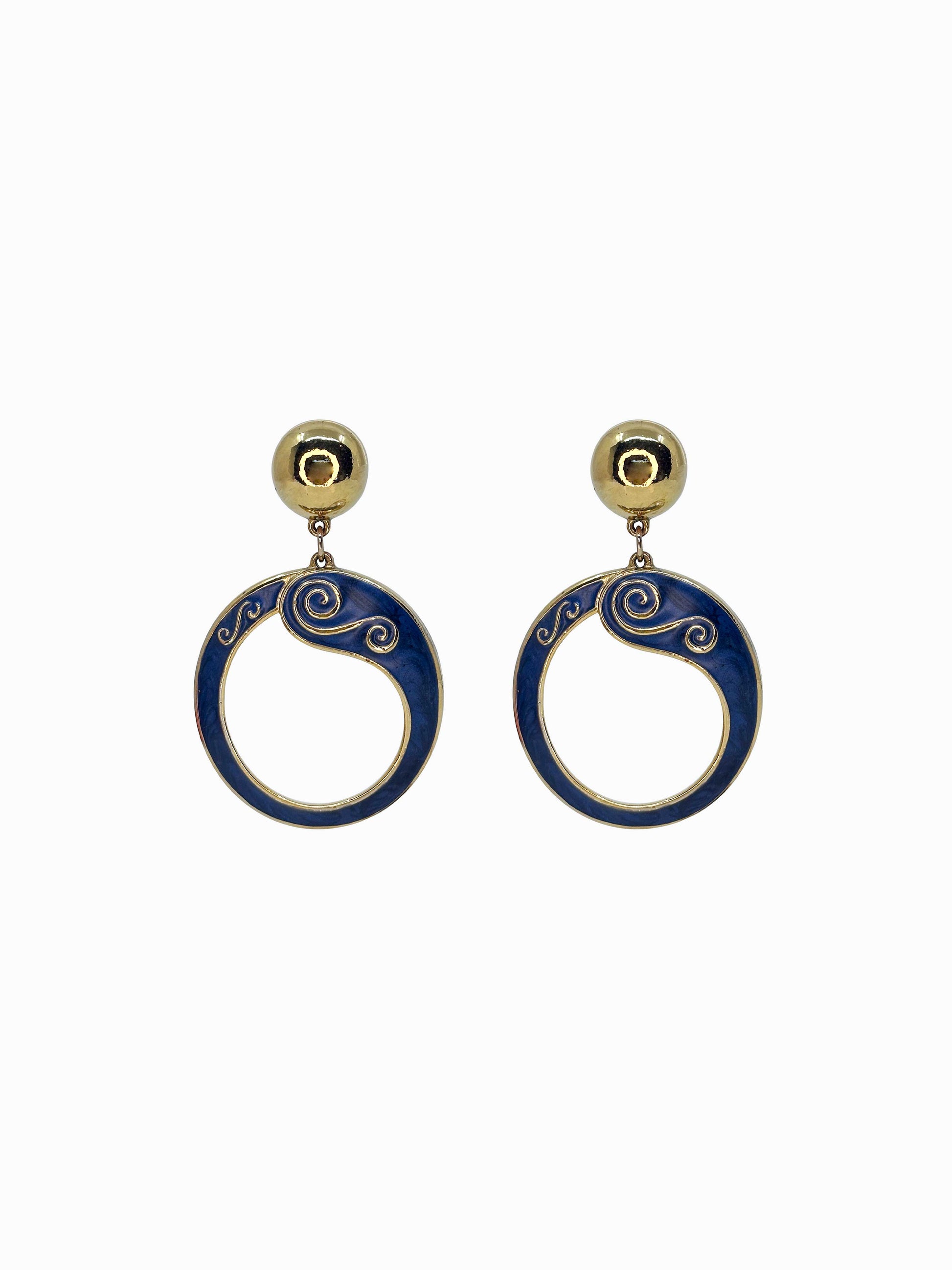 BEREBI 90's Gold & Blue Enameled Door Knocker Earrings