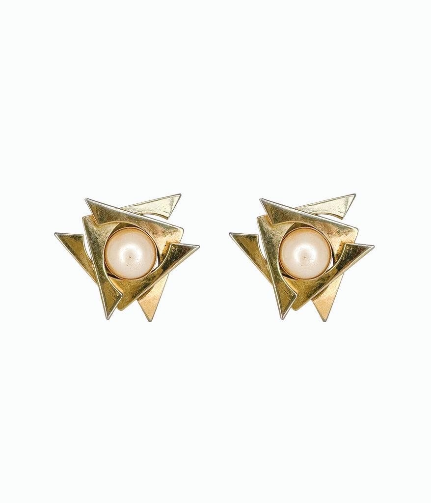 Vintage 1980's Gold Tone Ninja Star with Faux Pearl Button Earrings