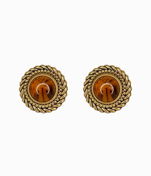 Vintage 1980's Brown Cabochon On Brass Wreath Button Earrings