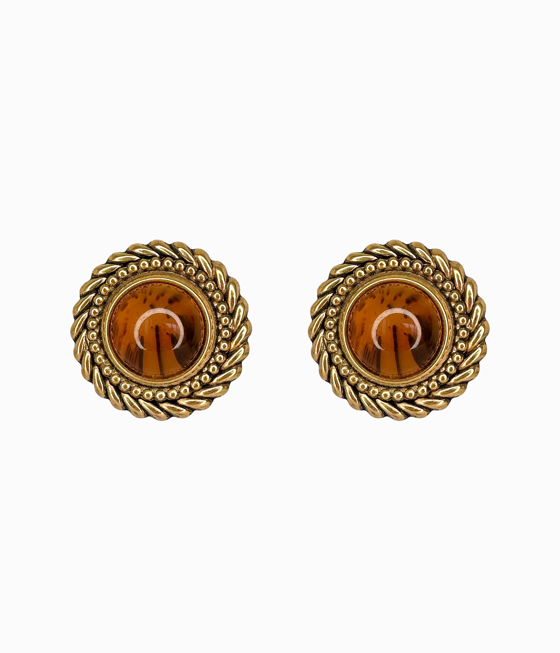 Vintage 1980's Brown Cabochon On Brass Wreath Button Earrings