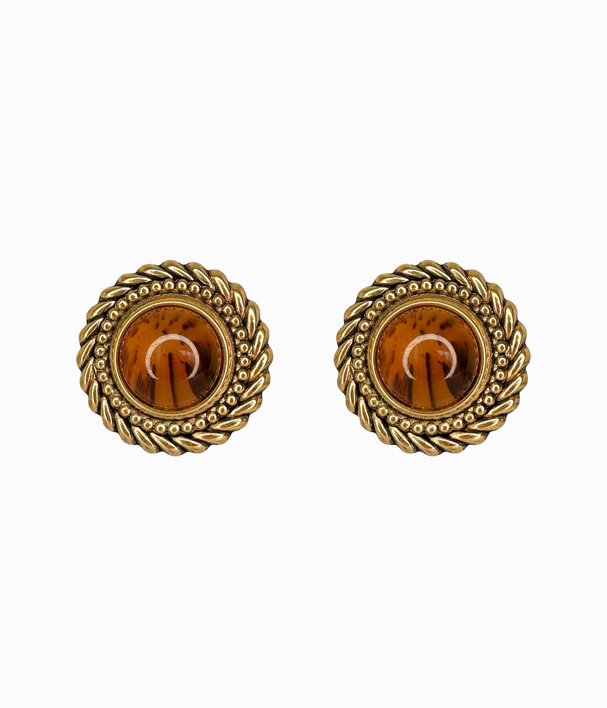 Vintage 1980's Brown Cabochon On Brass Wreath Button Earrings