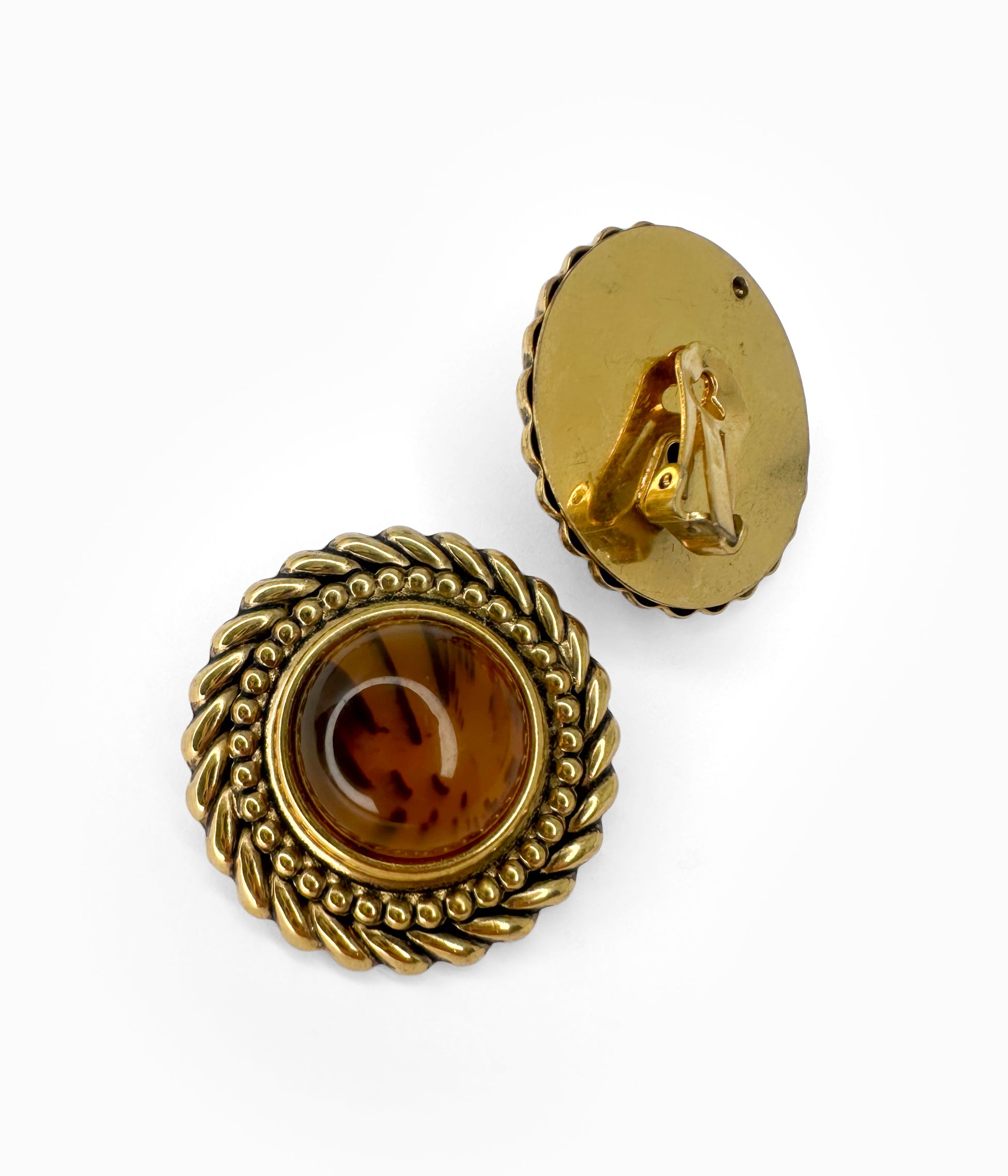 Vintage 1980's Brown Cabochon On Brass Wreath Button Earrings