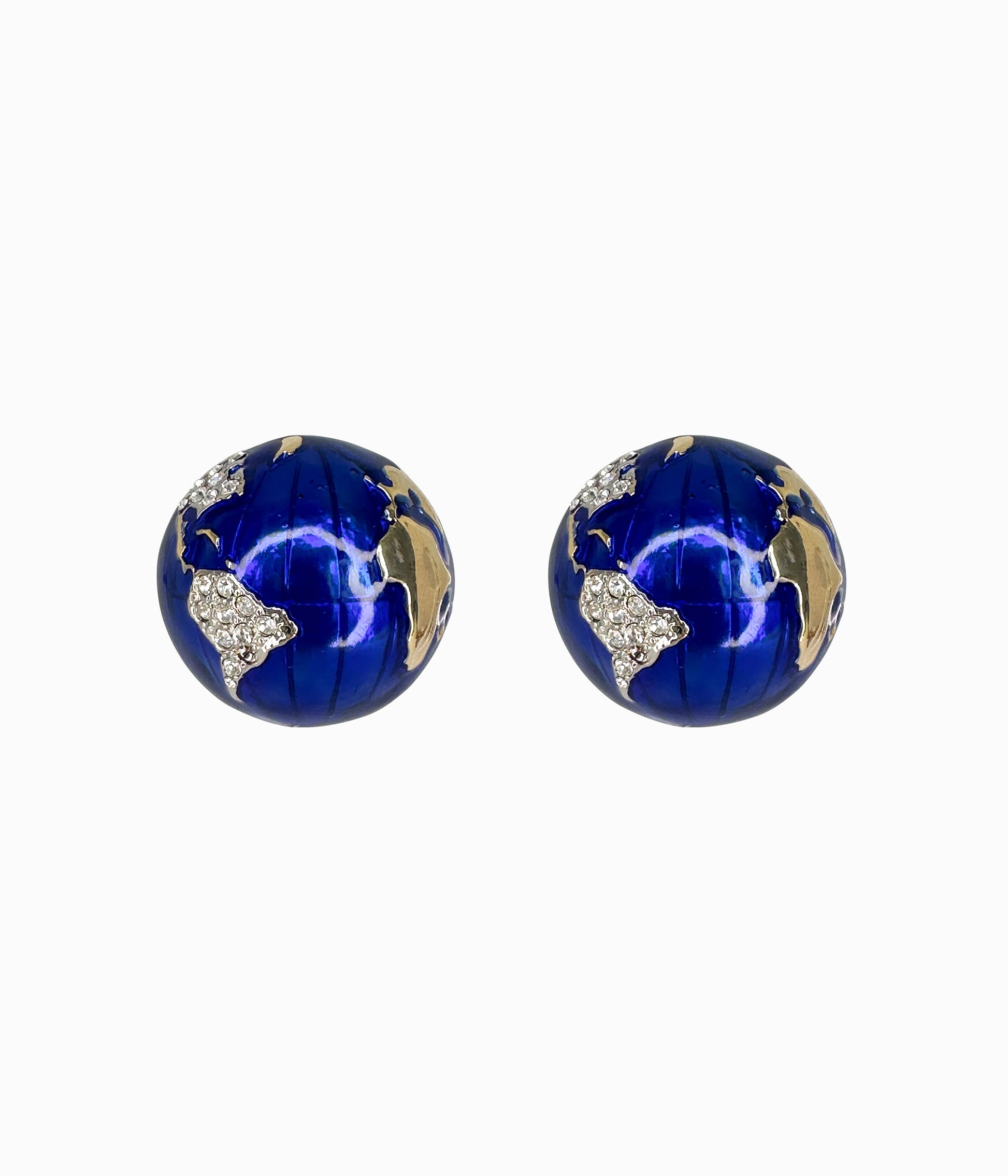 Vintage Blue Enameled Globe Button Earrings